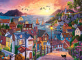 Cobble hill 1000-piece jigsaw puzzle of a colorful coastal village with houses, boats, and a sunset.