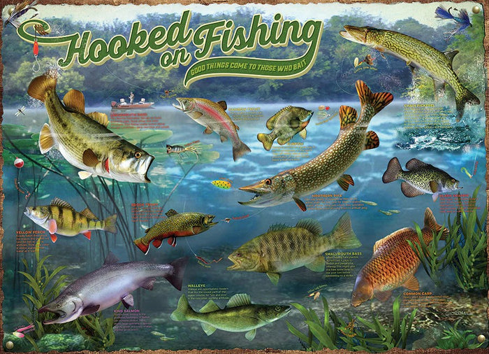 Cobble Hill 1000-piece jigsaw puzzle of various fish species with a 'Hooked on Fishing' title.