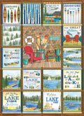 Collage of lake-themed illustrations with chairs, nature scenes, and text on a wooden background.