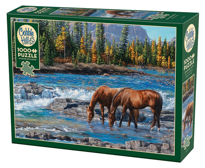Cobble Hill 1000-piece jigsaw puzzle box with two horses by a river and mountain background