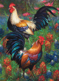 Cobble Hill 1000-piece jigsaw puzzle of Two roosters in a colorful floral garden