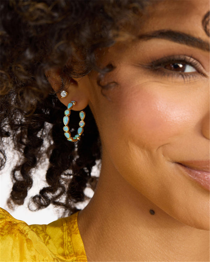 18K Yellow Gold Overlay 'Isla' Simulated Blue Opal Inside Out Hoop Earrings