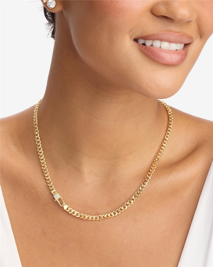 18K Yellow Gold Overlay 'Julian' Cuban Chain Pave Lock Necklace