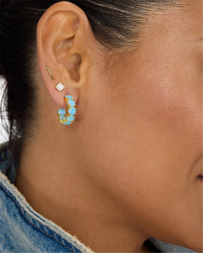 18K Yellow Gold Overlay "Oh She Fancy" Simulated Blue Opal Inside Out Hoops