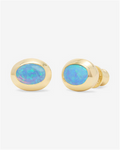 18K Yellow Gold Overlay 'She's A Boss' Oval Blue Simulated Opal Studs
