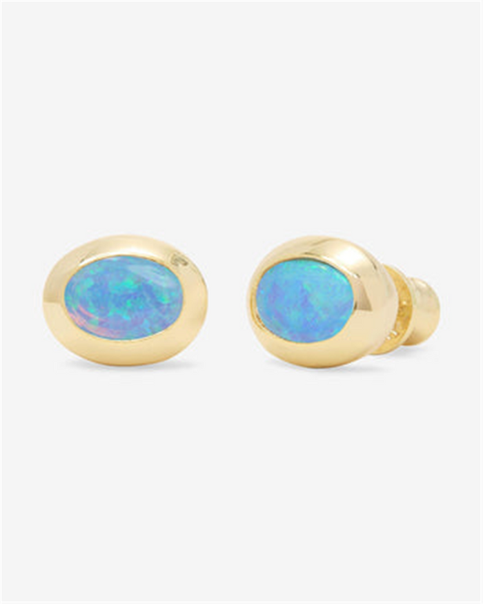 18K Yellow Gold Overlay 'She's A Boss' Oval Blue Simulated Opal Studs
