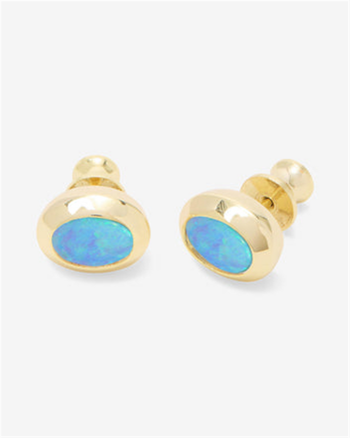 18K Yellow Gold Overlay 'She's A Boss' Oval Blue Simulated Opal Studs