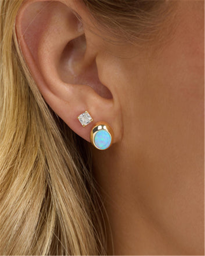 18K Yellow Gold Overlay 'She's A Boss' Oval Blue Simulated Opal Studs