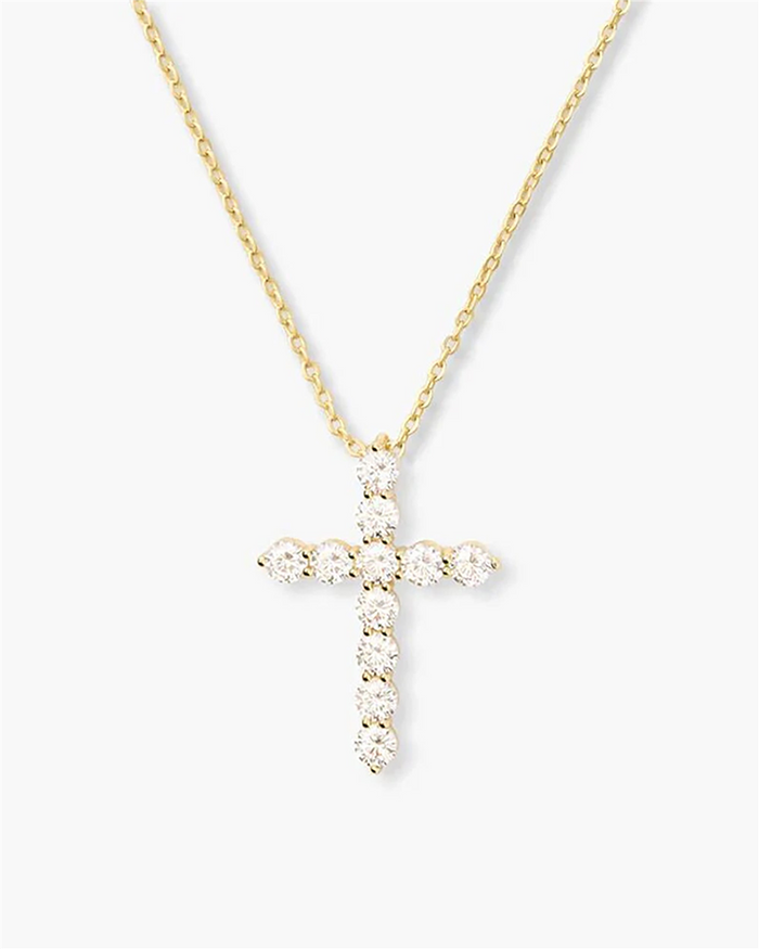18K Yellow Gold Overlay Small Cubic Zirconia Cross Pendant Necklace