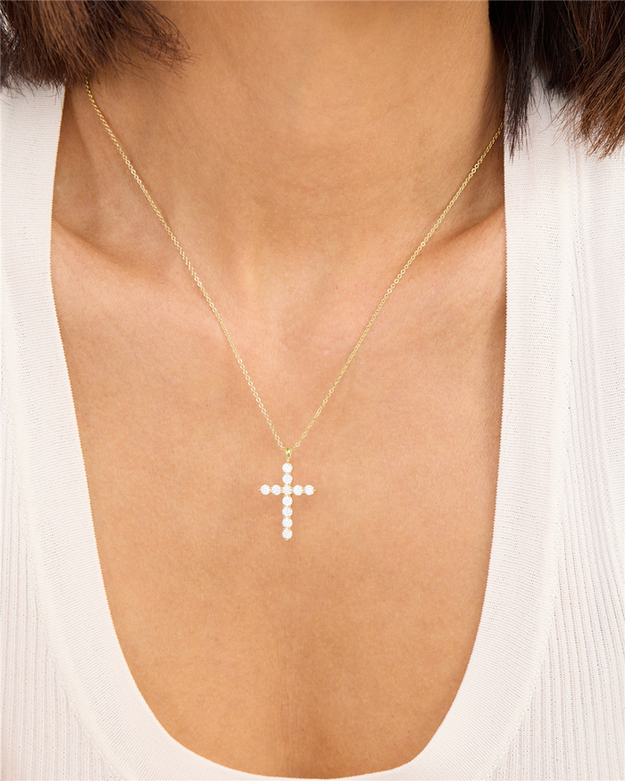 18K Yellow Gold Overlay Small Cubic Zirconia Cross Pendant Necklace