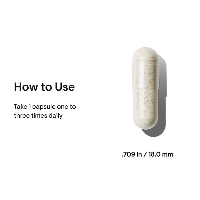 Capsule with usage instructions and dimensions on a white background