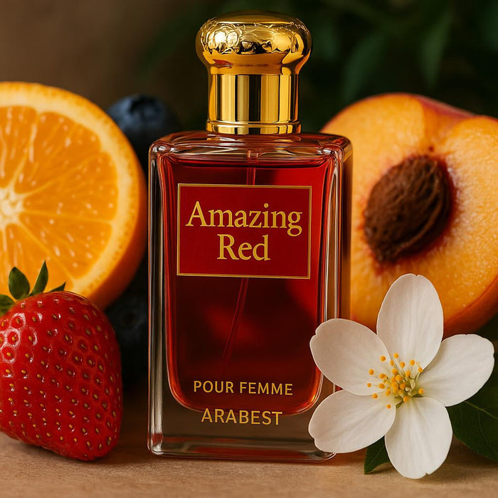 A close-up of the Amazing Red – ARABEST Pour Femme bottle, with a focus on the intricate details of the red and gold design, surrounded by fresh fruits and floral elements to emphasize its rich, fruity, floral, and woody notes.