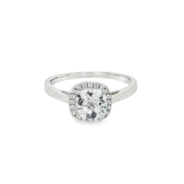 April Birthstone Sterling Silver Checkerboard Cushion Created White Topaz Halo Ring