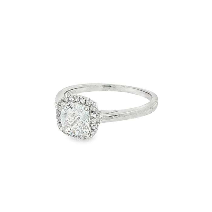 April Birthstone Sterling Silver Checkerboard Cushion Created White Topaz Halo Ring
