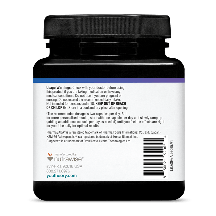 ASHGA.92065 Youtheory Ashwagandha + Gaba 60 Capsules Product Image - Back