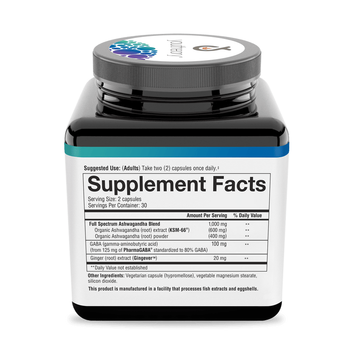 ASHGA.92065 Youtheory Ashwagandha + Gaba 60 Capsules Nutrition Facts Panel