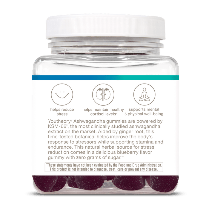 ASHG.92031 Youtheory Ashwagandha Gummies Blueberry Flavor 60 Gummies Product Image - Back