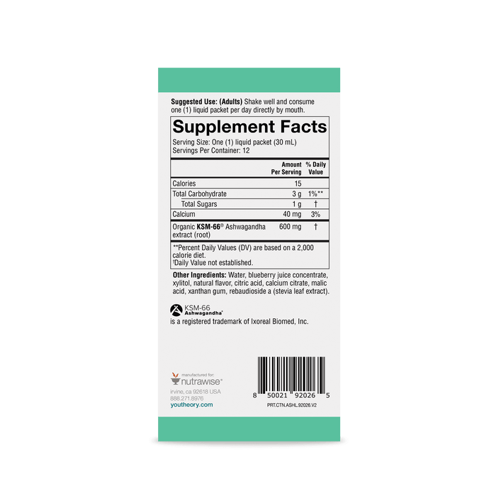 CTN.ASHL.92026 Youtheory Ashwagandha Liquid Blueberry Flavor 12 ct Product Image - Back