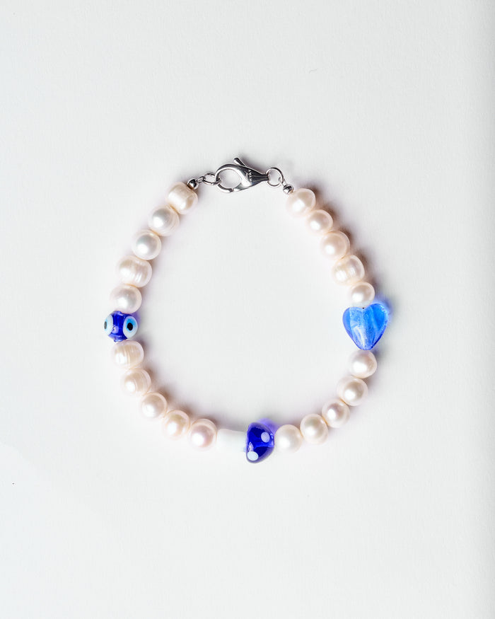 Freshwater Pearl Bracelet with blue charms
