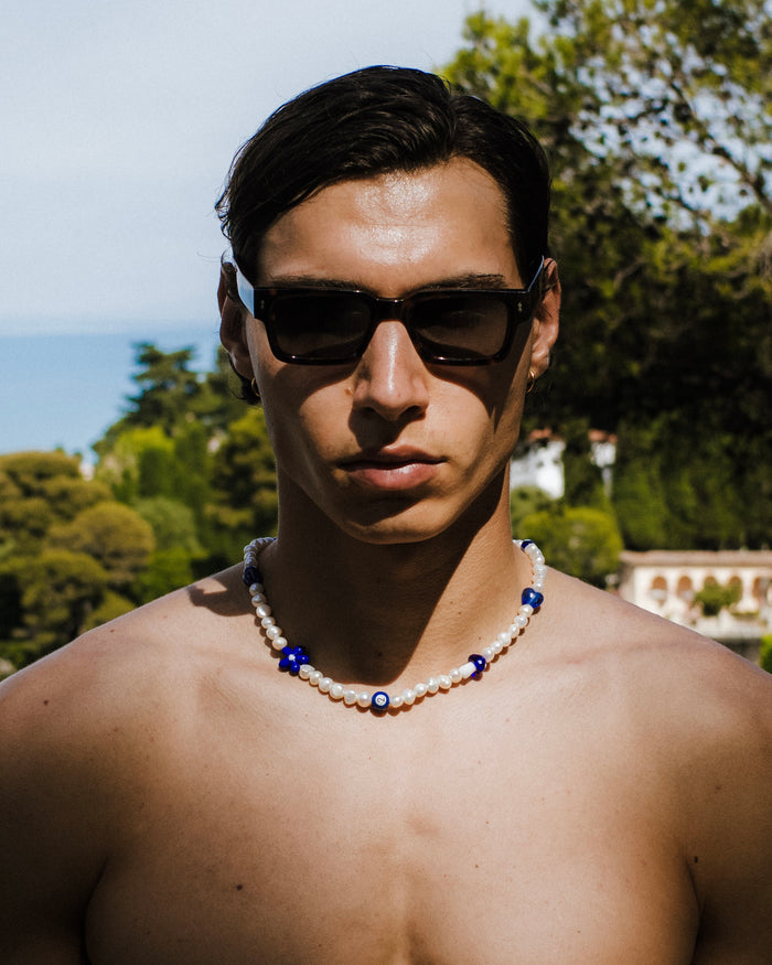 Freshwater Pearl Necklace with Blue Charms