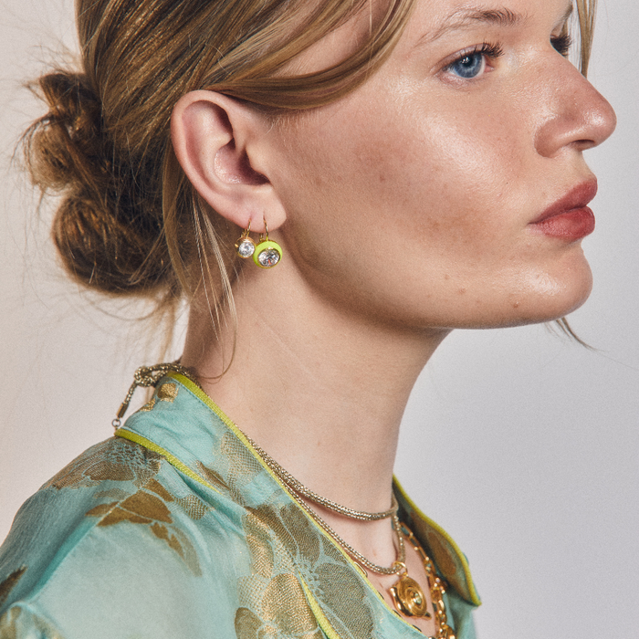 Bezel Drop Earrings & Chartreuse Enamel Bezel Drop Earrings