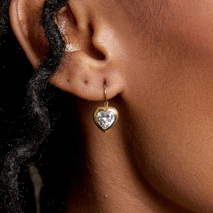 Bezel Heart Drop Earrings on model