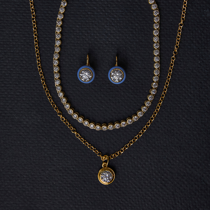 Large Bezel Necklace, Bezel Tennis Necklace, and Blue Bezel Drop Earrings