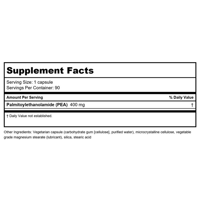 Bioclinic Naturals PEA Palmitoylethanolamide 400 mg 90 Vcaps - Supplement Facts panel