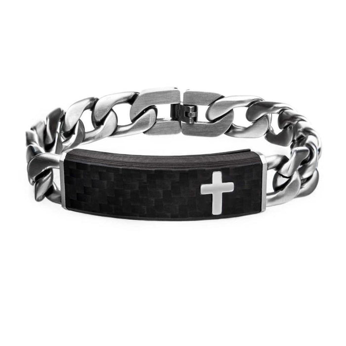 Black Carbon Fiber Bracelet With Cross Inlay And Steel Adjustable Link ID
