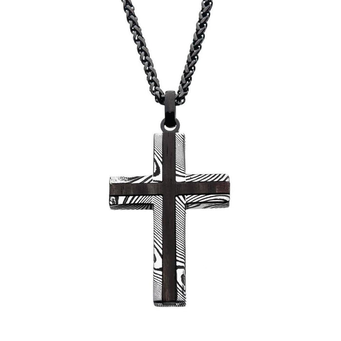 Black IP Damascus Steel Cross Pendant with Ebony Wood Inlay