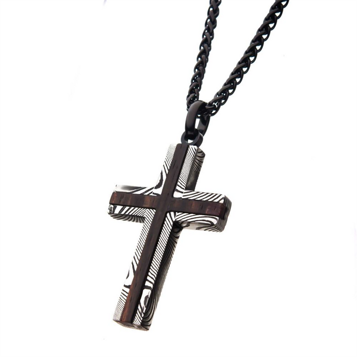 Black IP Damascus Steel Cross Pendant with Ebony Wood Inlay