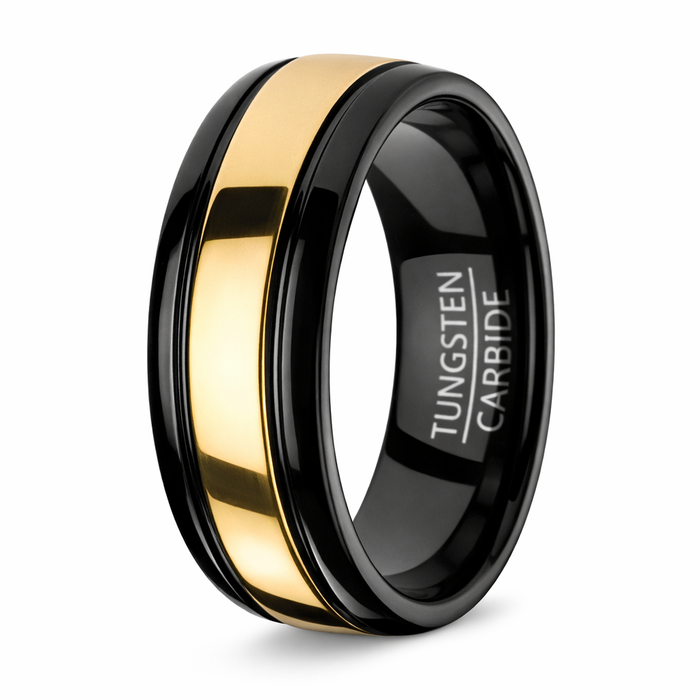 Black Tungsten Men's Ring With Gold Tone Inlay | 8mm