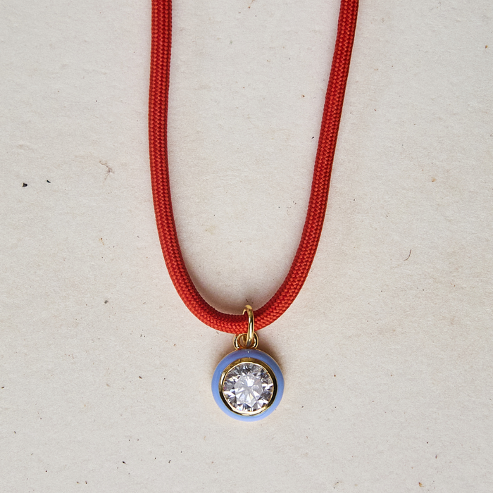 Blue Enamel Bezel Charm on Coral Red Cord