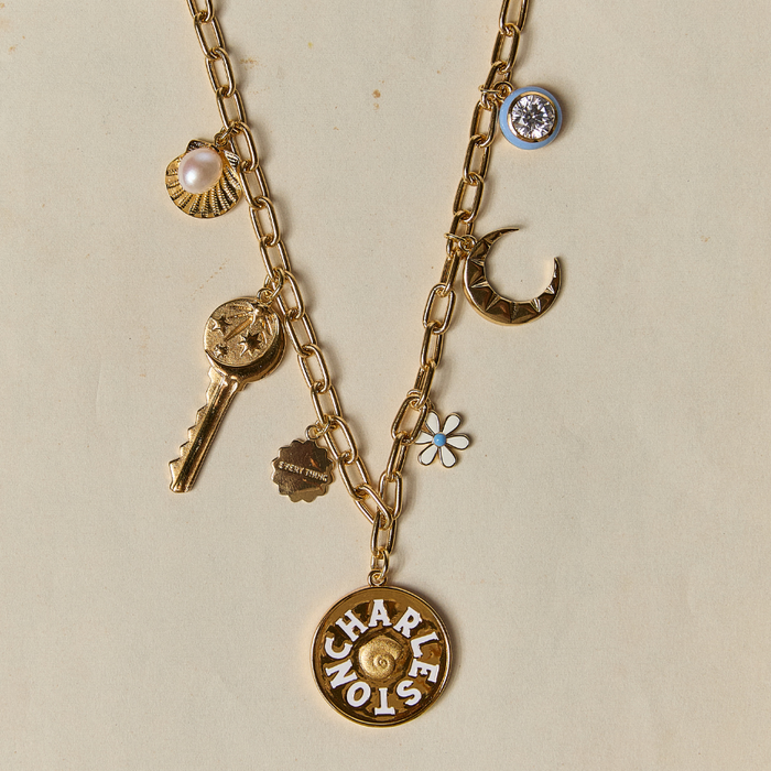 Scallop with pearl, cosmic key, Everything disc, Charleston Enamel, Mini Flower, Crescent Moon, Blue Enamel Bezel
