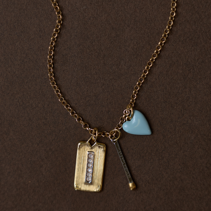 Blue Enamel Heart Charm on custom charm necklace. Carpe diem dog tag charm, matchstick charm, blue enamel heart charm.