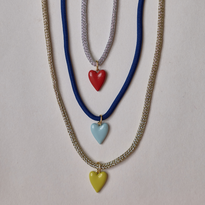Enamel Heart Charms on Cord Necklaces. Red enamel heart, blue enamel heart, green enamel heart.