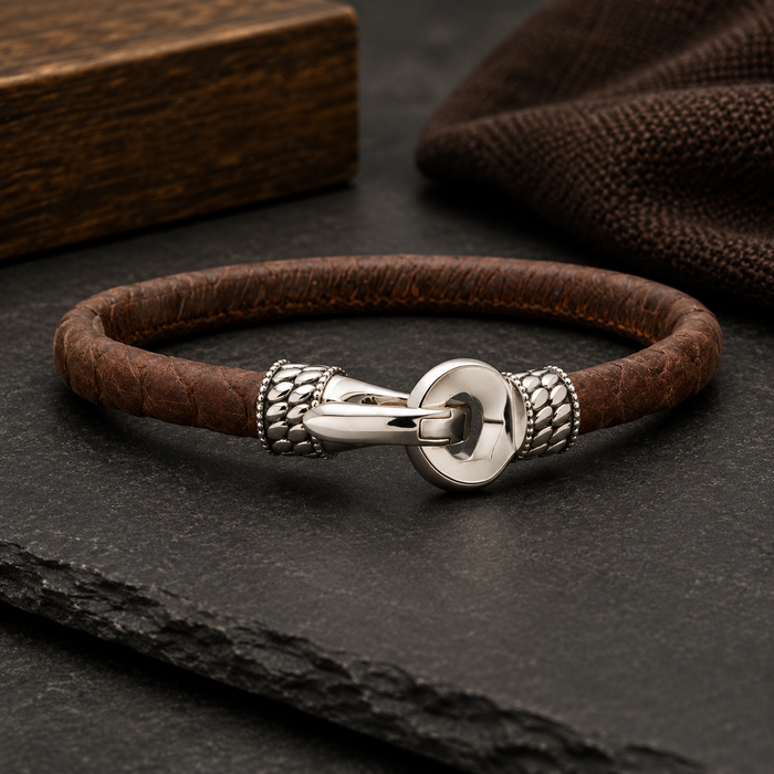 Brown Soft Python Snake Leather Bracelet with Hinged Polished Finish 925 Sterling Silver Clasp