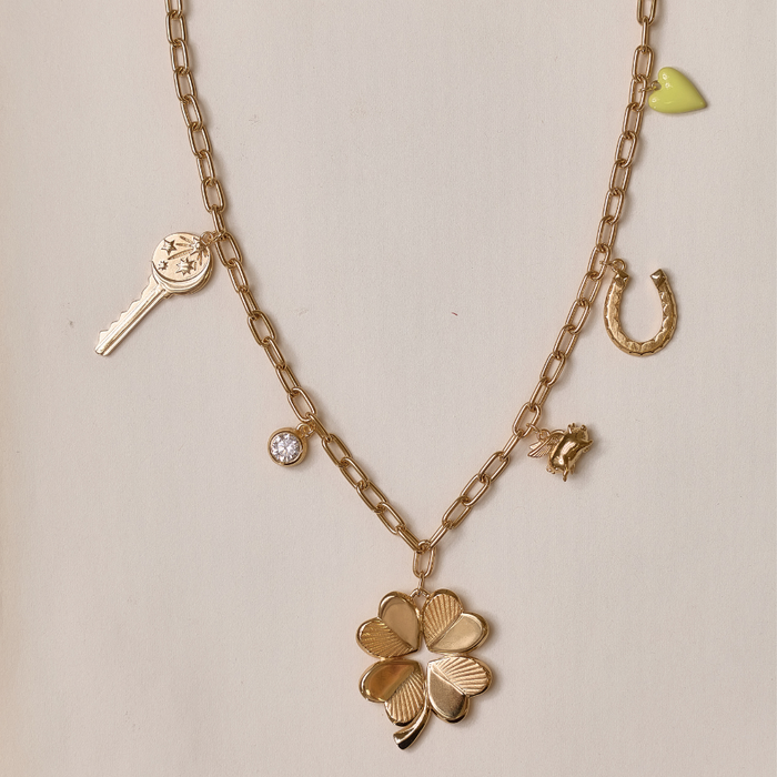 Chartreuse Enamel Heart Charm on a custom charm necklace. key charm, bezel charm, four leaf clover charm, flying pig charm, horseshoe charm, green enamel heart charm