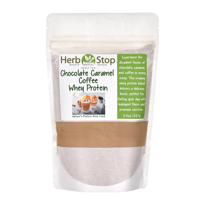 A pouch of Herb Stop Chocolate Caramel Coffee Whey Protein Powder with the product information and branding visible.