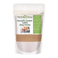 A pouch of Herb Stop Chocolate Caramel Coffee Whey Protein Powder with the product information and branding visible.