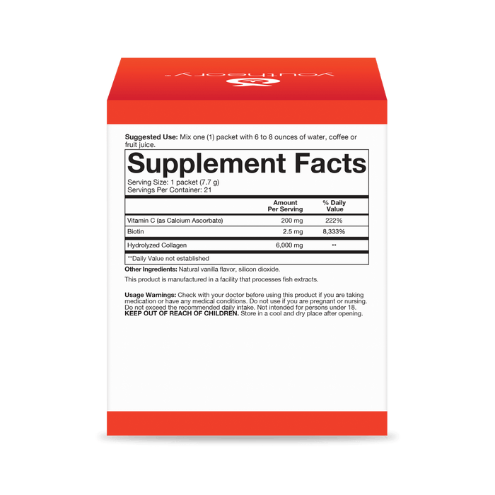 CTN.CP.00705 Youtheory Collagen Powder Packet Vanilla Flavor 21 ct Nutrition Facts Panel