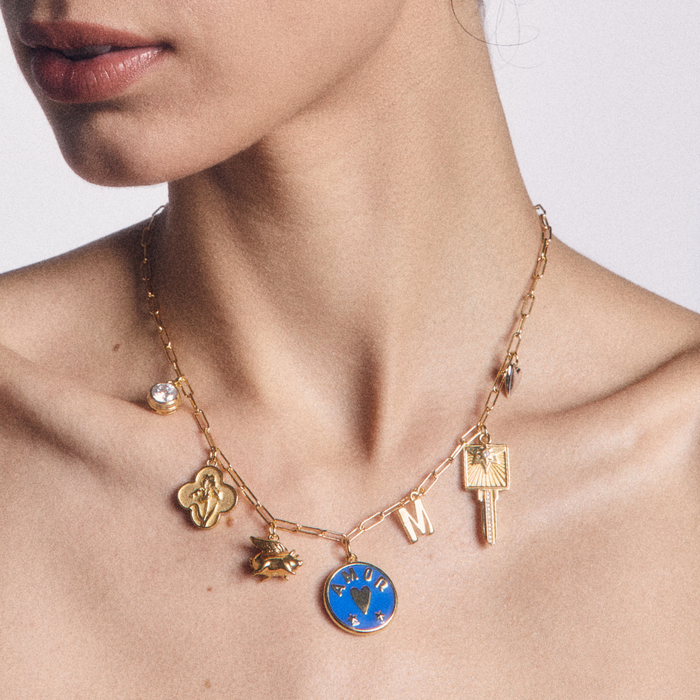 Jane Chain with small bezel, flying piggy, Nashville iris, love and fear coin, compass key, small letter M, two-toned heart - silver side