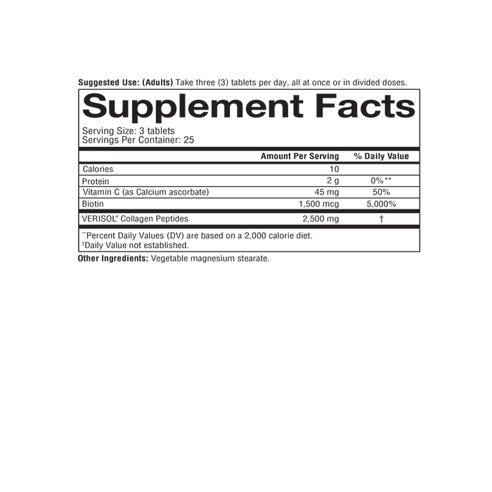 CC.00106 Youtheory Concentrated Effect Collagen with Verisol 75 Tablets Nutrition Facts Panel