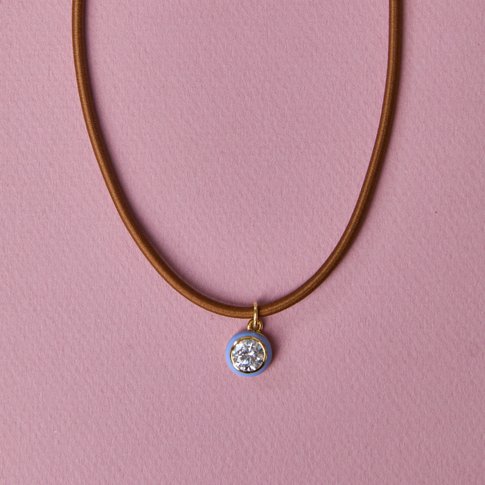 Copper Clasp Cord Necklace with Blue Bezel Enamel Charm