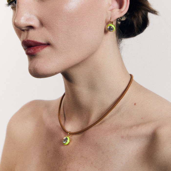 Chartreuse Enamel Bezel Charm on Copper Cord