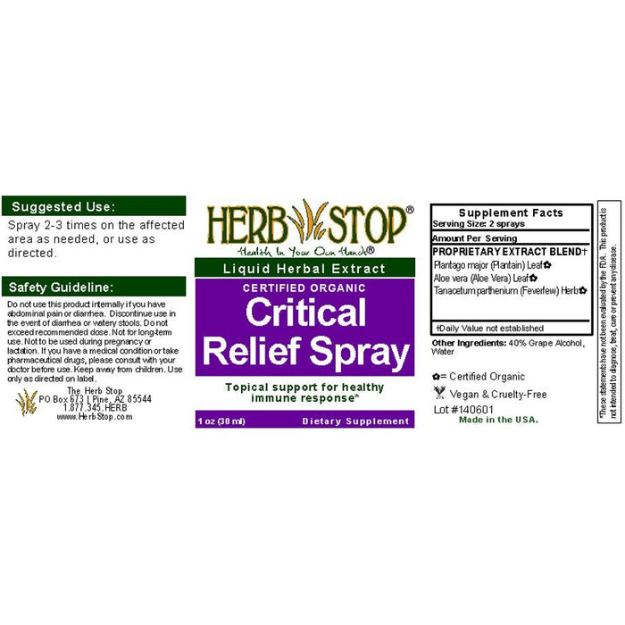 Critical Relief Spray Label