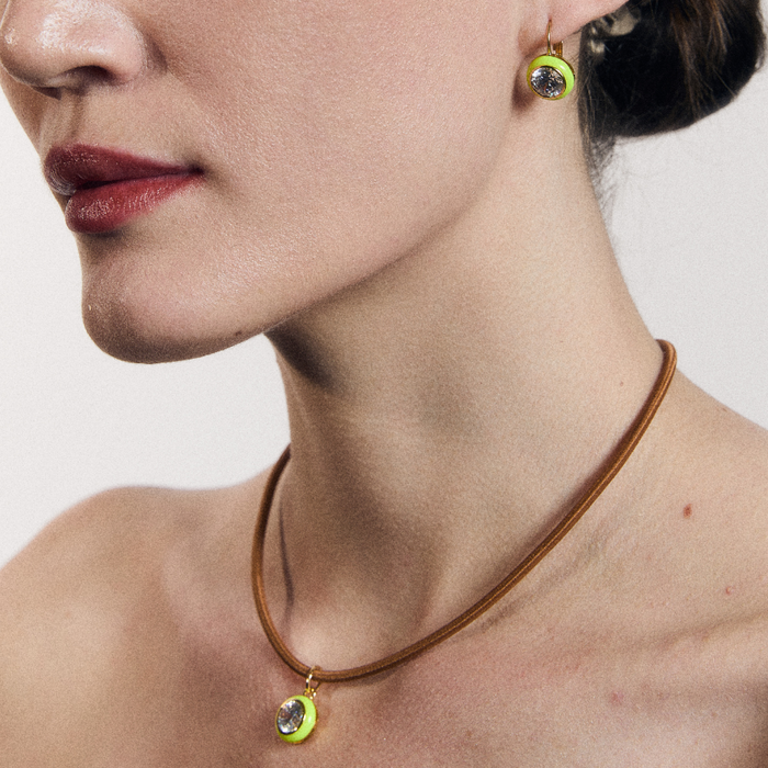 Chartreuse Enamel Bezel Charm on Copper Cord