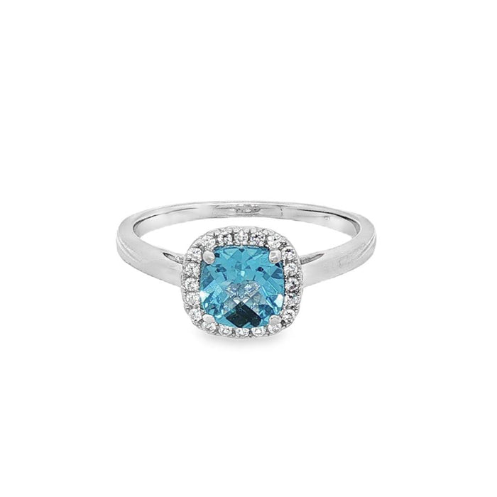 December Birthstone Sterling Silver Checkerboard Cushion Blue Topaz Halo Ring