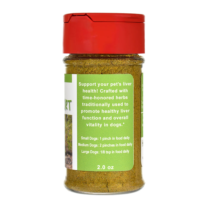 Doggie Liver Support jar with red lid and green label on a white background