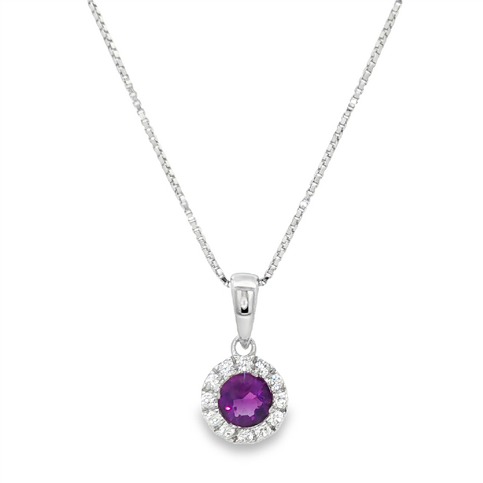 February Birthstone Pendant: Sterling Silver Amethyst Halo Pendant Necklace